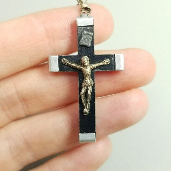Vintage Black and Silver Tone Crucifix Cross Pendant, INRI, 1 1/2 Inch Long - Picture 8 of 9
